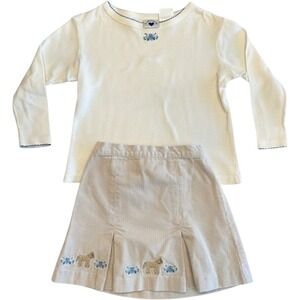 Hartstrings Skirt Set Girls Size 4 Cream Tan Blue Horse Floral Corduroy Vintage